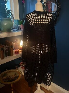 Black Open-Weave Crochet Tunic Dress